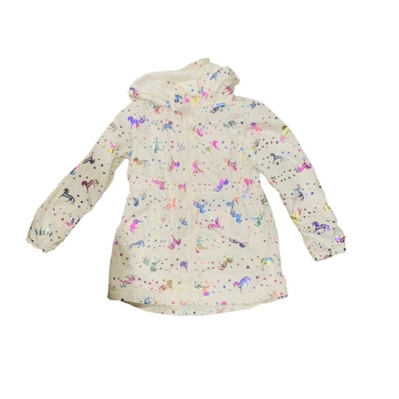 Emma & Elsa Sz M ( 10/12) Girls Hooded Jacket Unicorn Priny white - Picture 1 of 4